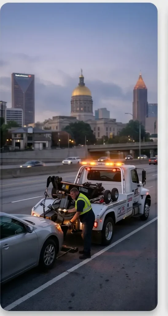 White tow truck operator performing a roadside recovery on a busy Atlanta highway at dusk with the downtown skyline in the background.