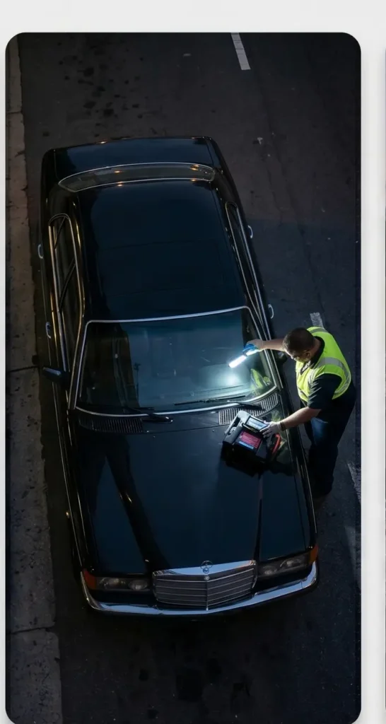 Overhead view of a technician using a portable jump starter and flashlight on a black vehicle stranded on an Atlanta street at night.