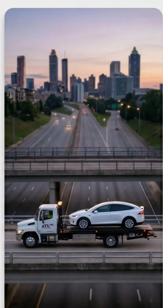 Professional flatbed tow truck transporting a white luxury SUV across a bridge with a clear view of the Atlanta Midtown skyscrapers.