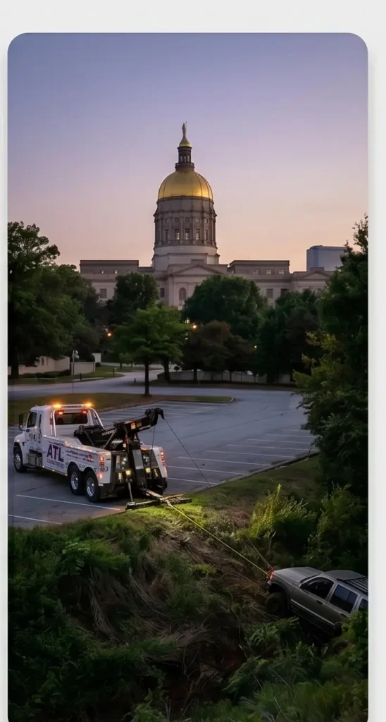 Heavy-duty tow truck using a winch cable to recover a vehicle stuck in a steep embankment near the Georgia State Capitol.