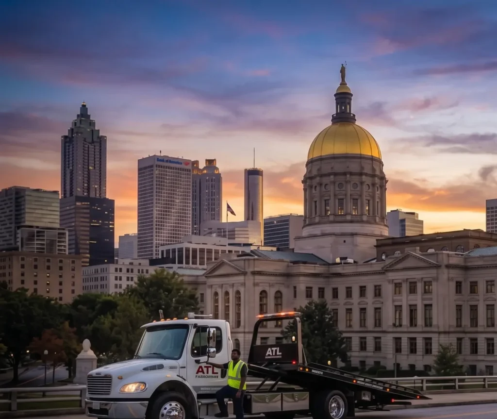 Professional flatbed tow truck branded with ATL logos parked in front of the Georgia State Capitol building and Atlanta skyline during a sunset.